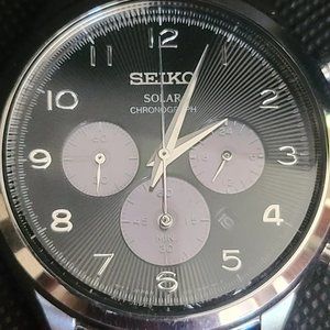 Seiko Men's Solar Chronograph Brown Leather Strap Black Dial Watch SSC565